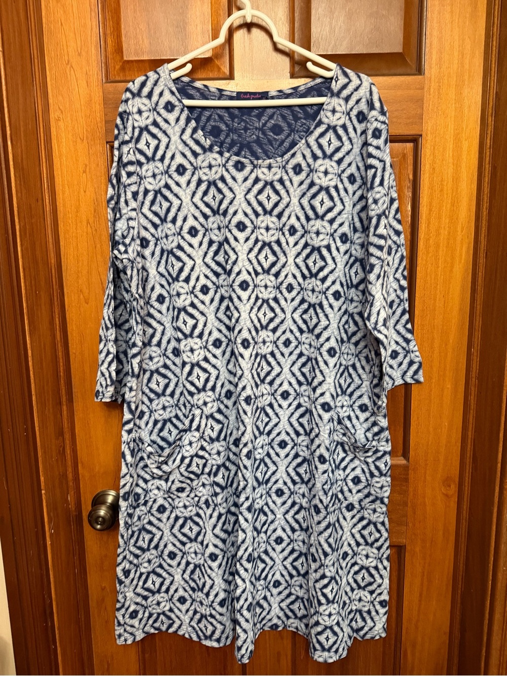 Fresh Produce 3X Plus A-Line Dress Scoop Neck 3/4 Sleeve Geometric Blue White